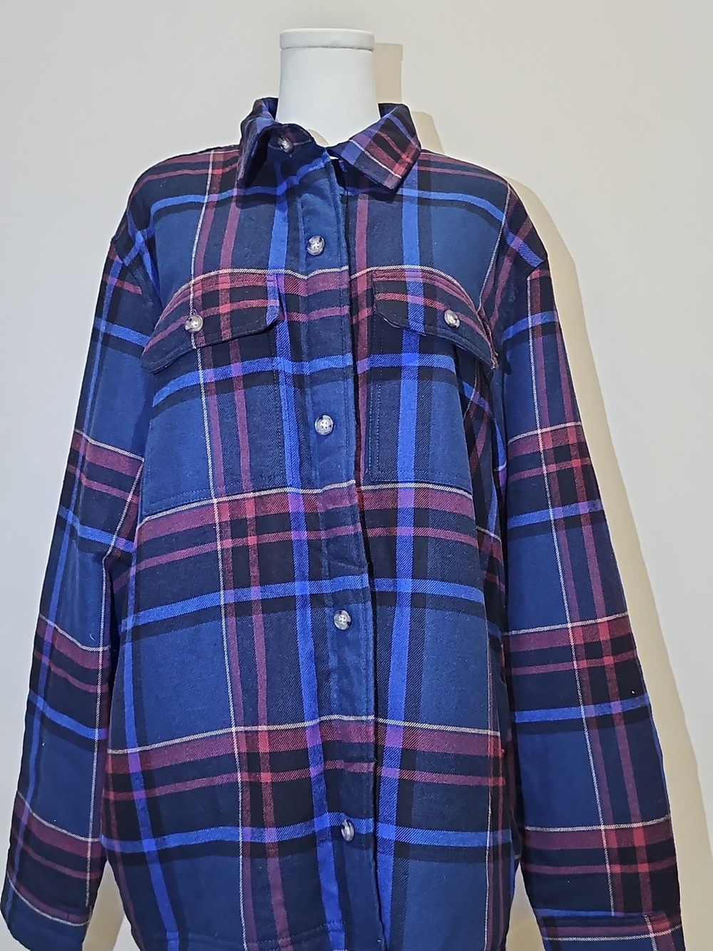 Old Navy Sherpa-Lined Plaid Flannel Shirt Jacket Mens XL Blue Burgundy NWT